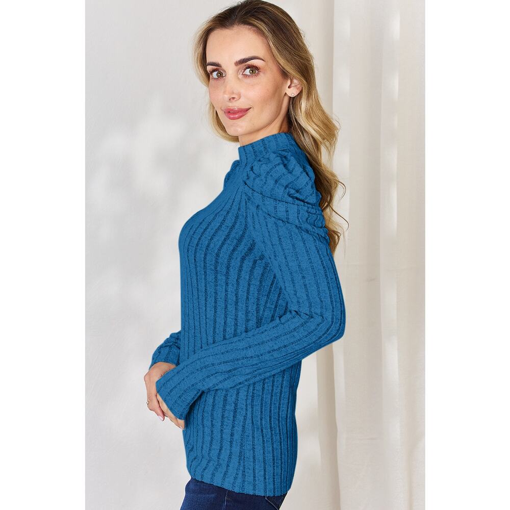 BASIC BAE Plus Blue Ribbed Mock Turtleneck Puff S… - image 3